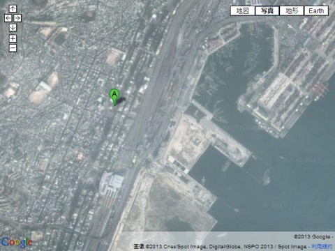GoogleMapで見た草梁（チョリャン）駅跡／釜山港第四埠頭